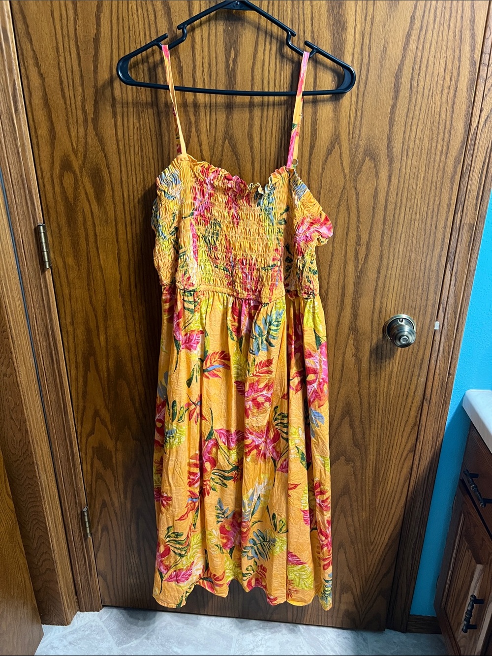 Maurices Orange Floral Midi Dress with Pink and Green Accents